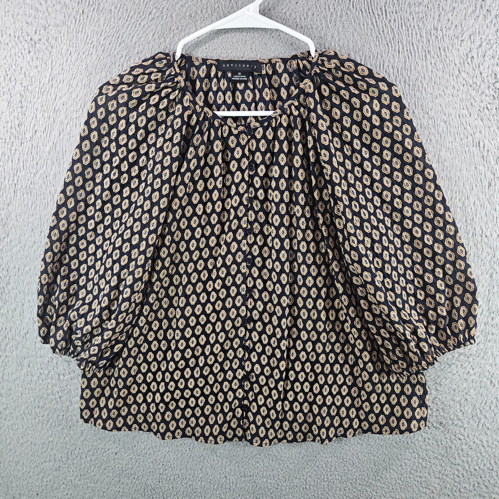 Sanctuary Womens Geometric Diamond Print Puff Sleeve Blouse Navy XS